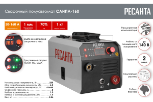 Сварочный полуавт. САИПА-160 (MIG/MAG) Ресанта (без газа для порошковой проволоки)
