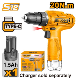 Шуруповерт INGCO Li-lon 12.0 В, 1.5 Ач, 20 Нм, Type-C, патрон 10мм CDLI12428 (1)
