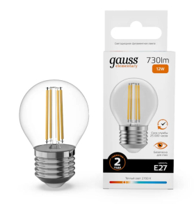 Лампа Gauss Filament Elementary Шар 12W 730lm 2700К Е27 LED 1/10/100 (10)