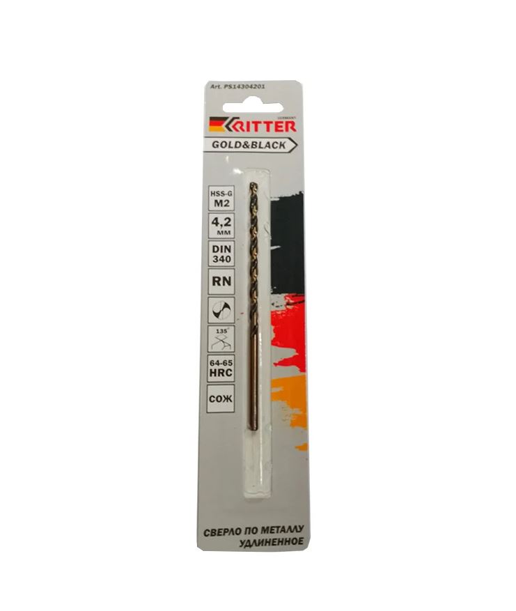 Сверло по металлу Ritter EC 4,2 мм удлиненное (HSS-G M2 Gold&Black) DIN 340 RN (1 шт в блистере) (50