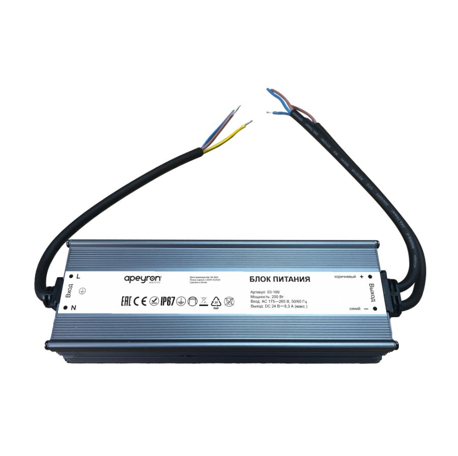 Блок питания 24В, 200Вт, 175-265В, 8,3А, IP67, алюм., 215х68х35мм.