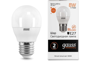 Лампа светодиодная 8Вт 2700К Е27 Шар малый Gauss Elementary(10/100)