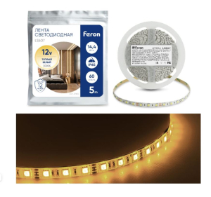 Лента светодиодная, 60SMD(5050)/m 14.4W/m 12V 5m 3000К, LS607 FERON ( _ )
