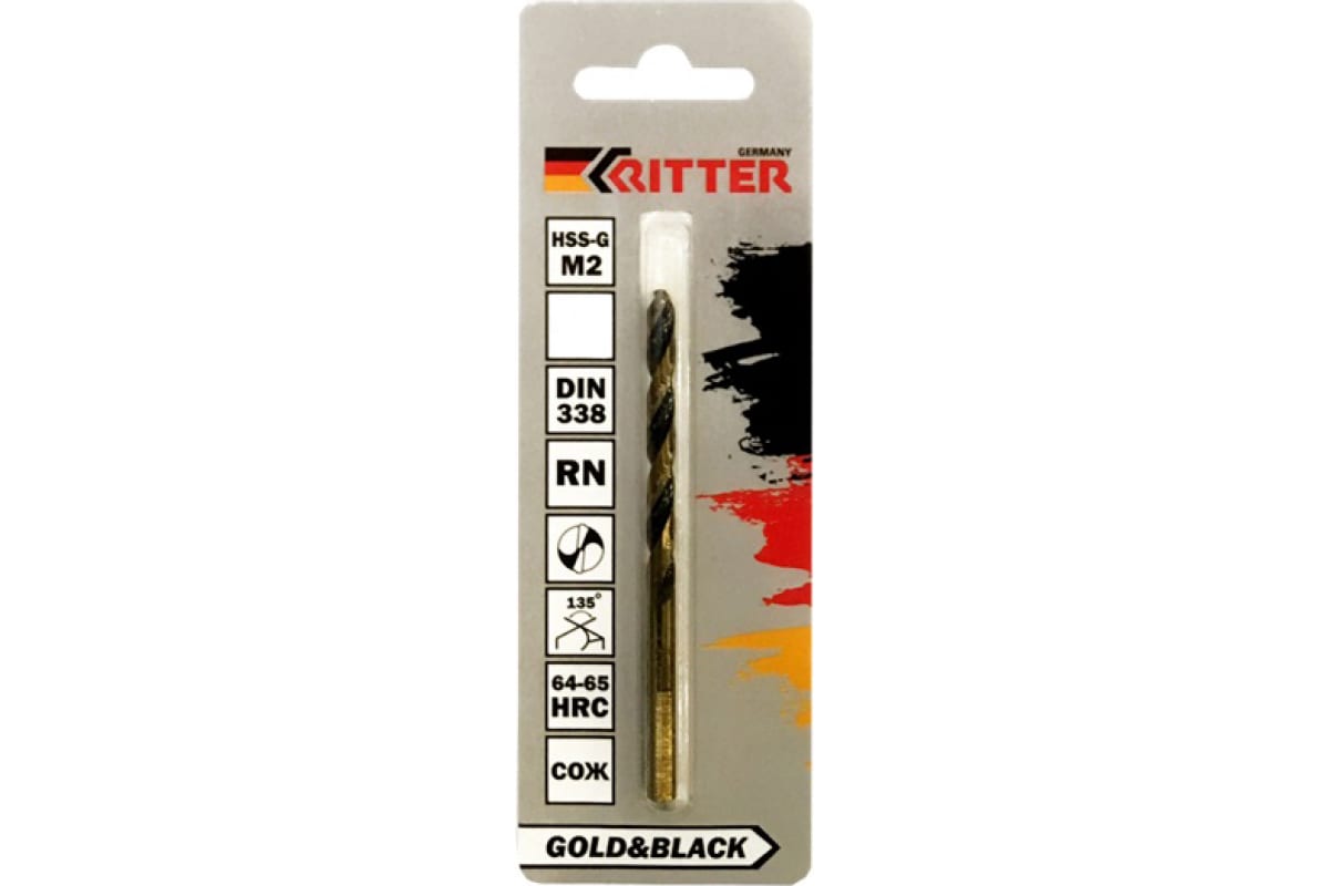 Сверло по металлу Ritter EC 6,0 мм (HSS-G M2 Gold&Black) DIN 338 RN (1 шт в блис) (1000/250/1)
