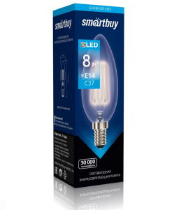 Лампа светодиодная филамент 8Вт 6000К Е14 Свеча прозрачная Smartbuy (100)