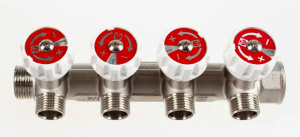 Коллектор VALTEC с регулировочными вентилями, 1"х4 вых. Евроконус 3/4" (на подающий трубопровод)