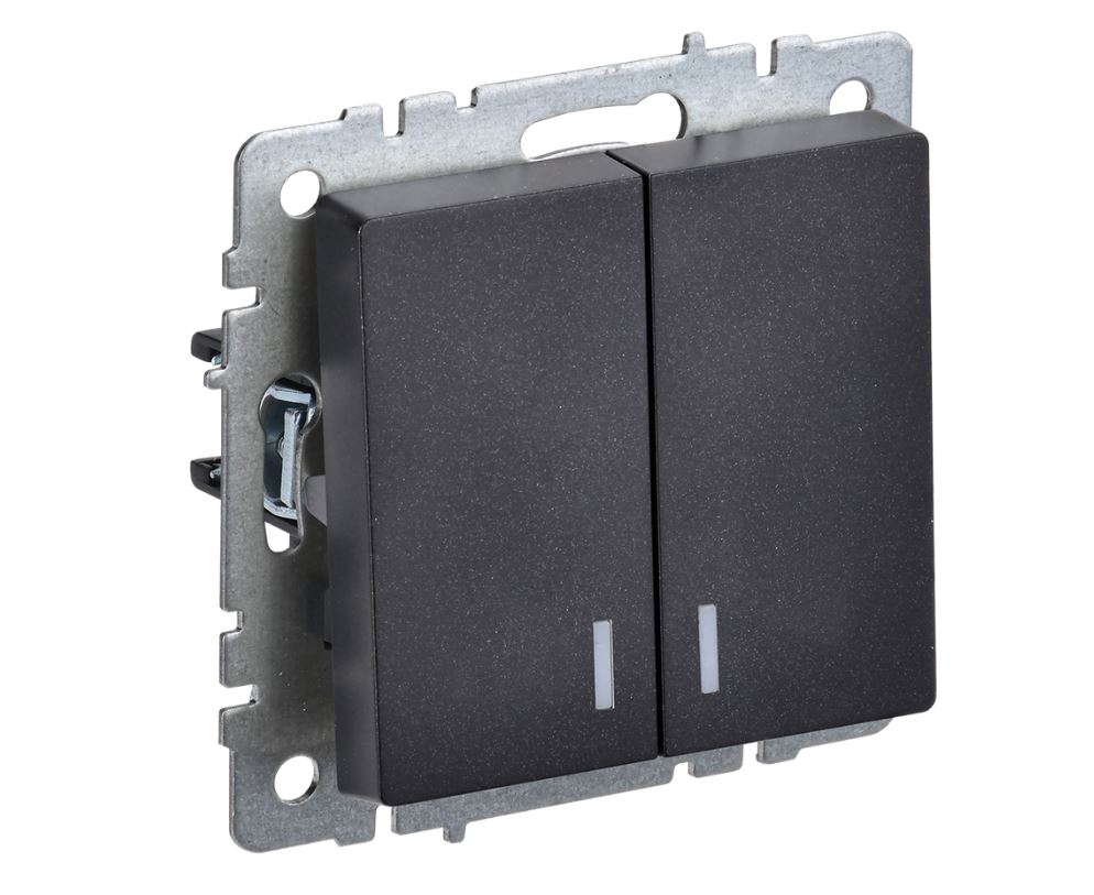 Черный выключатель двухклавишный с индикацией 10А ВС10-2-1-БрЧ