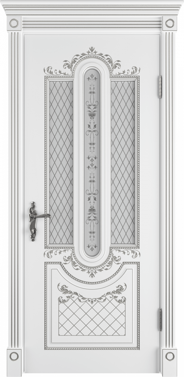 Дверь Александрия Белая эмаль патина серебро 3D ПО700 бел. сатинат (Polar)