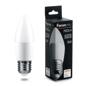 Лампа светодиодная 9Вт 4000К E27 Свеча матовая Feron Pro LB-1309(10/100)