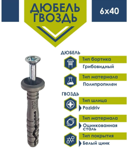 Дюбель-гвоздь  6х40 грибовидный Daxmer (нейлон) (15 шт) - пакет/10