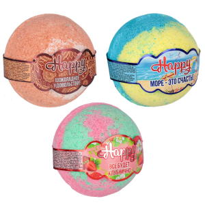 Шар бурлящий для ванн Happy, 130г, 3 вида "все будет клубнично / шоколадное удовольствие / море"(_8_