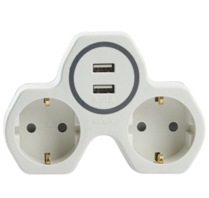 Разветвитель сетевой 2-местный и с 2-мя выходами USB, с/з, ADP16-14-20, белый/серый (60)