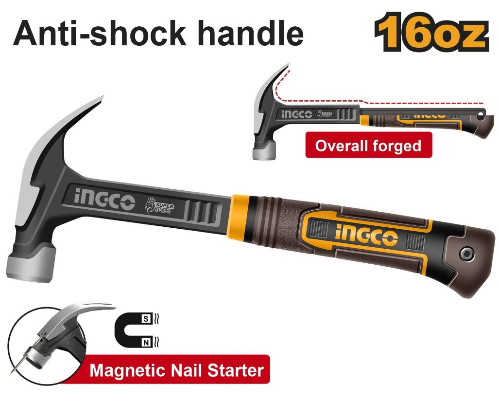 Молоток-гвоздодёр 450 гр  SUPER INGCO HCH81016L INDUSTRIAL