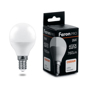 Лампа светодиодная 9Вт 4000К E14 Шар малый Feron Pro LB-1409(10/50)