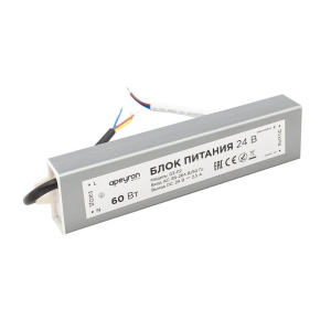Блок питания 24В, 60Вт, импульсный, IP67, 175-265В, 2,5А, алюм., сереб., 185х40х22мм.