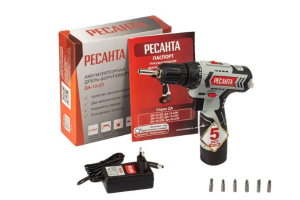 Дрель-шуруповерт акк. Ресанта ДА-12-2Л 12 В, 40 Нм, 2 Ач, 0-400/0-1400 об.мин, набор бит, з/у, акк