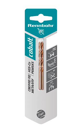 Сверло по металлу, 3-гр. хвост.,  5,2х86мм, HSS-Co, Р6М5К5, 1шт/уп, RENNBOHR COBALT CARD