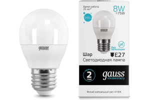 Лампа светодиодная 8Вт 4100К Е27 Шар малый Gauss Elementary(10/100)