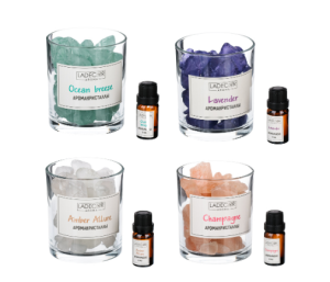 Набор аромакристаллы в стакане 9х10см и аромамасло 10 LADECOR (лаванда, шампанское,океан, янтарь)(__