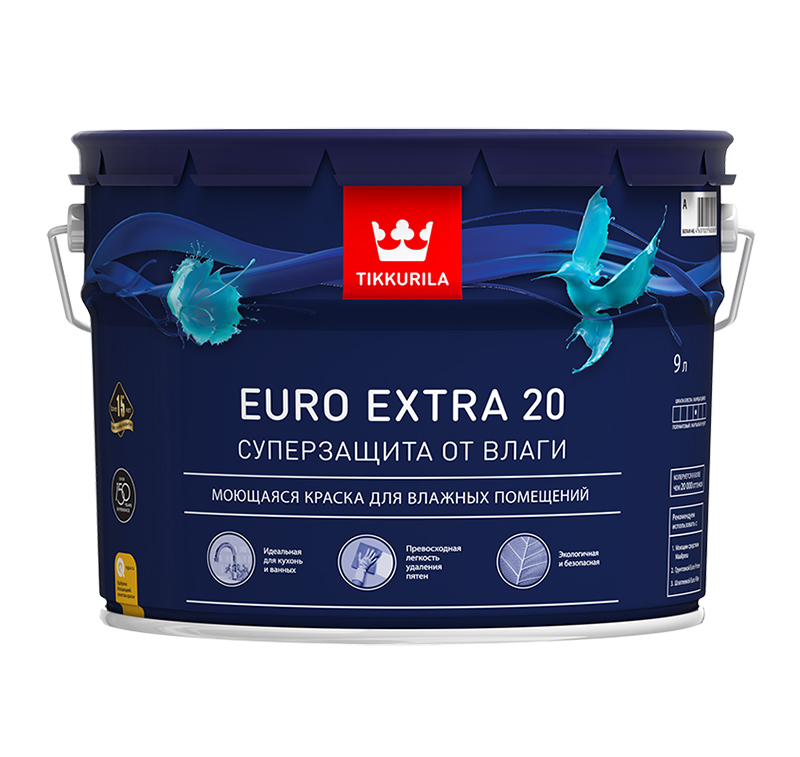 Краска Tikkurila EURO EXTRA 20 Акриловая Моющаяся Белая Полуматовый 9л (1)