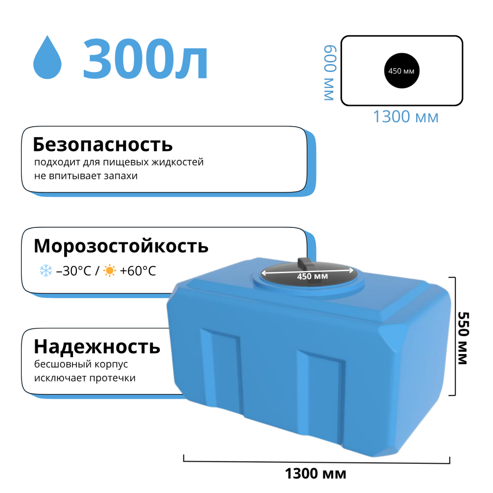 Ёмкость К 300л горизонтальная, крышка 450 мм с отводом (цвет голубой)