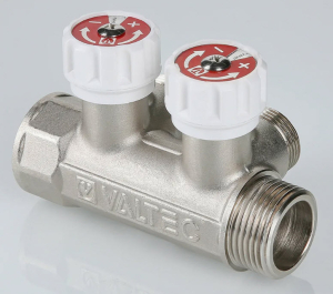 Коллектор с регул. вентилями, 1"х2 вых. Евроконус 3/4" (на подающий трубопровод)