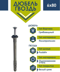 Дюбель-гвоздь  6х80 грибовидный Daxmer (нейлон) (75 шт) - коробка/36