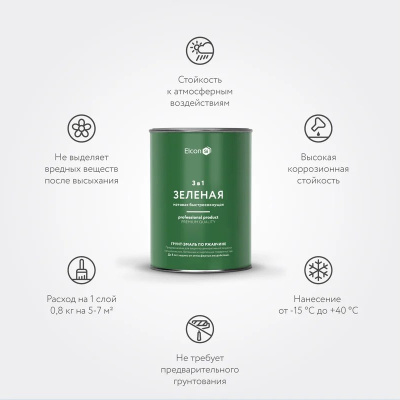 Грунт-эмаль по ржавчине Elcon 3 в 1 матовая зеленая 0,8 кг (12) купить в интернет магазине Вегос-М в Улан-Удэ